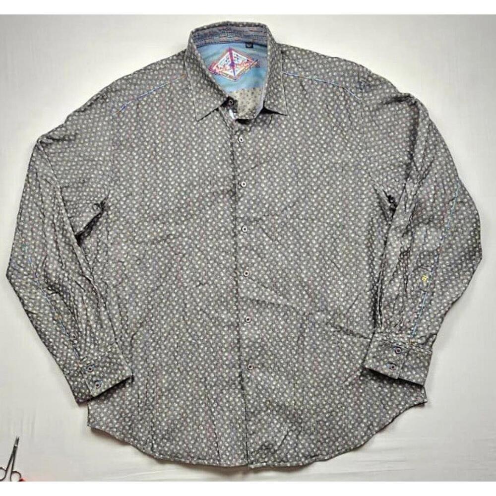 Robert Graham Long Sleeve Dress Shirt Geometric Gray‎ Mens Size 2XL Flip Cuff